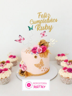 Torta y Cupcakes con Rosas y Mariposas para Mujer