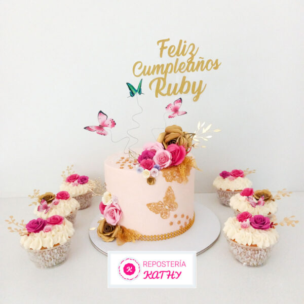 Torta y Cupcakes con Rosas y Mariposas para Mujer