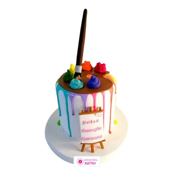 Torta Drip Cake Pintora con Pincel y Paleta de Pintura de Colores