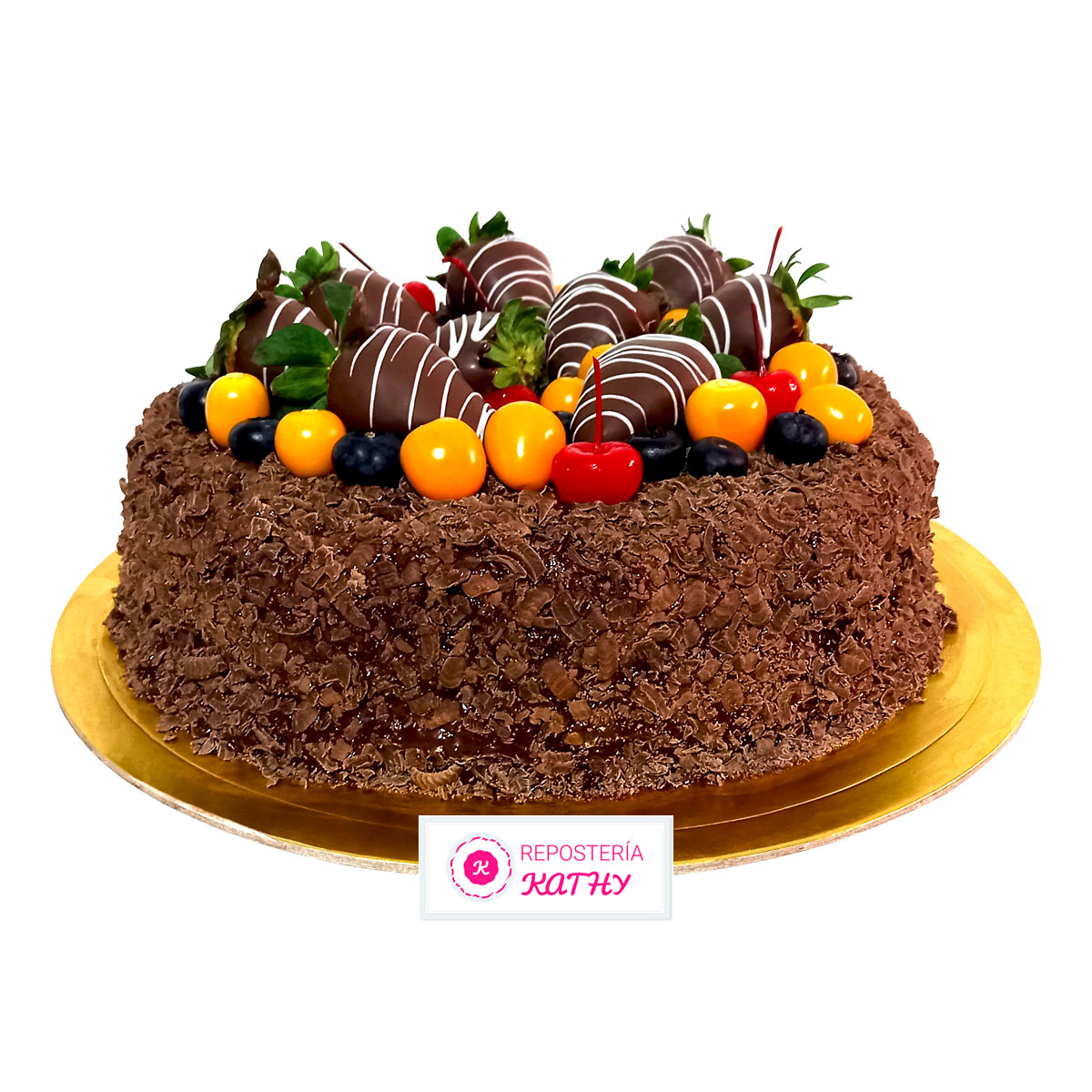 Torta de Chocolate con Fruta, Fresas con Chocolate, Aguaymanto, Cerezas Marrasquino y Arándanos