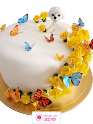 Torta para Mujer con Flores Amarillas, Mariposas y un Perrito