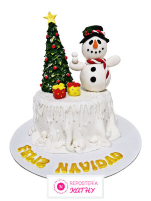 Torta Muñeco de Nieve con Árbol y Regalos de Navidad