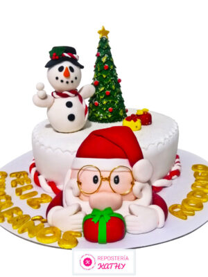 Torta Papá Noel con Regalo, Muñeco de Nieve y Árbol de Navidad